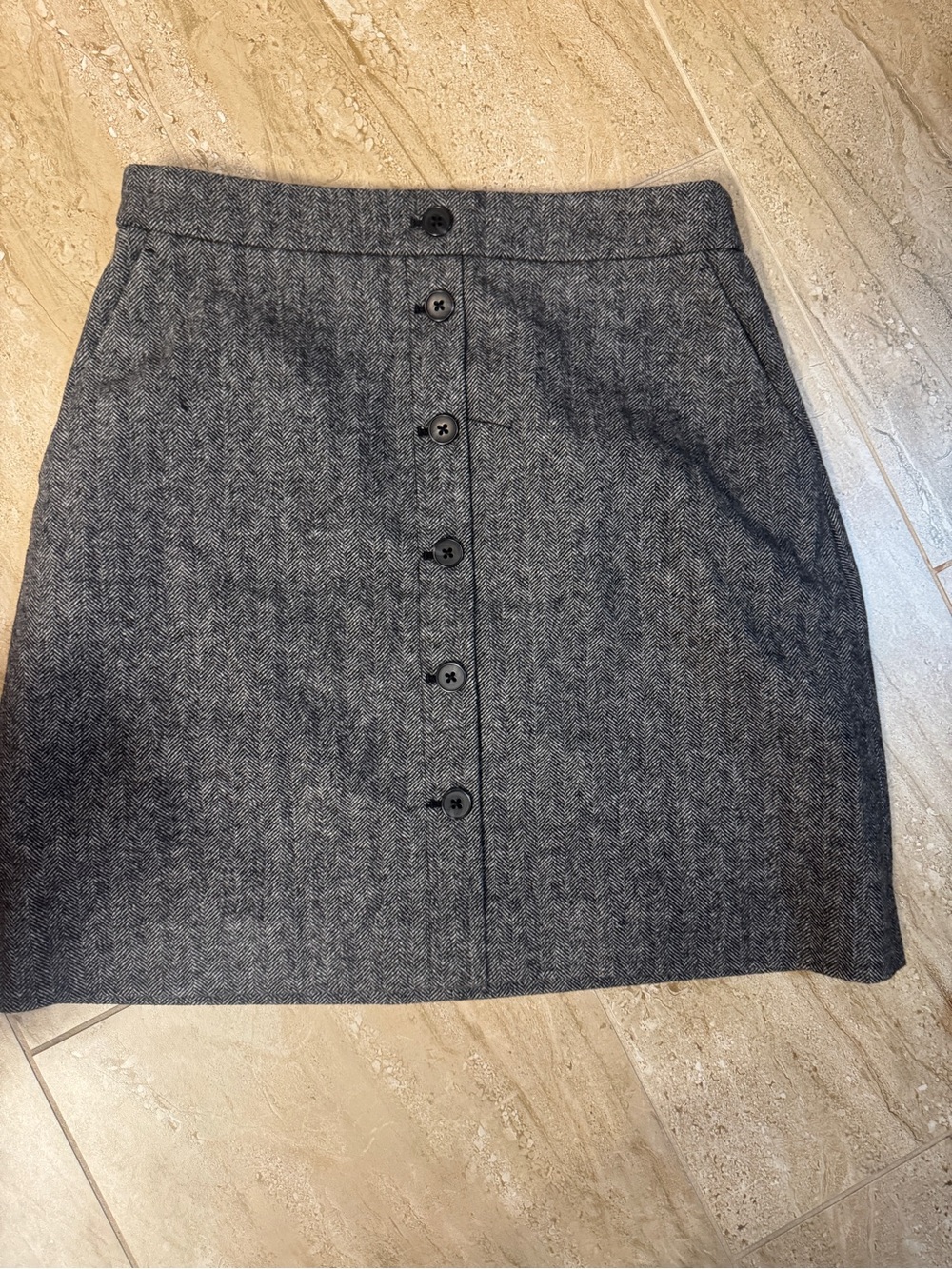 Classic Button-Front Gray Herringbone Skirt
